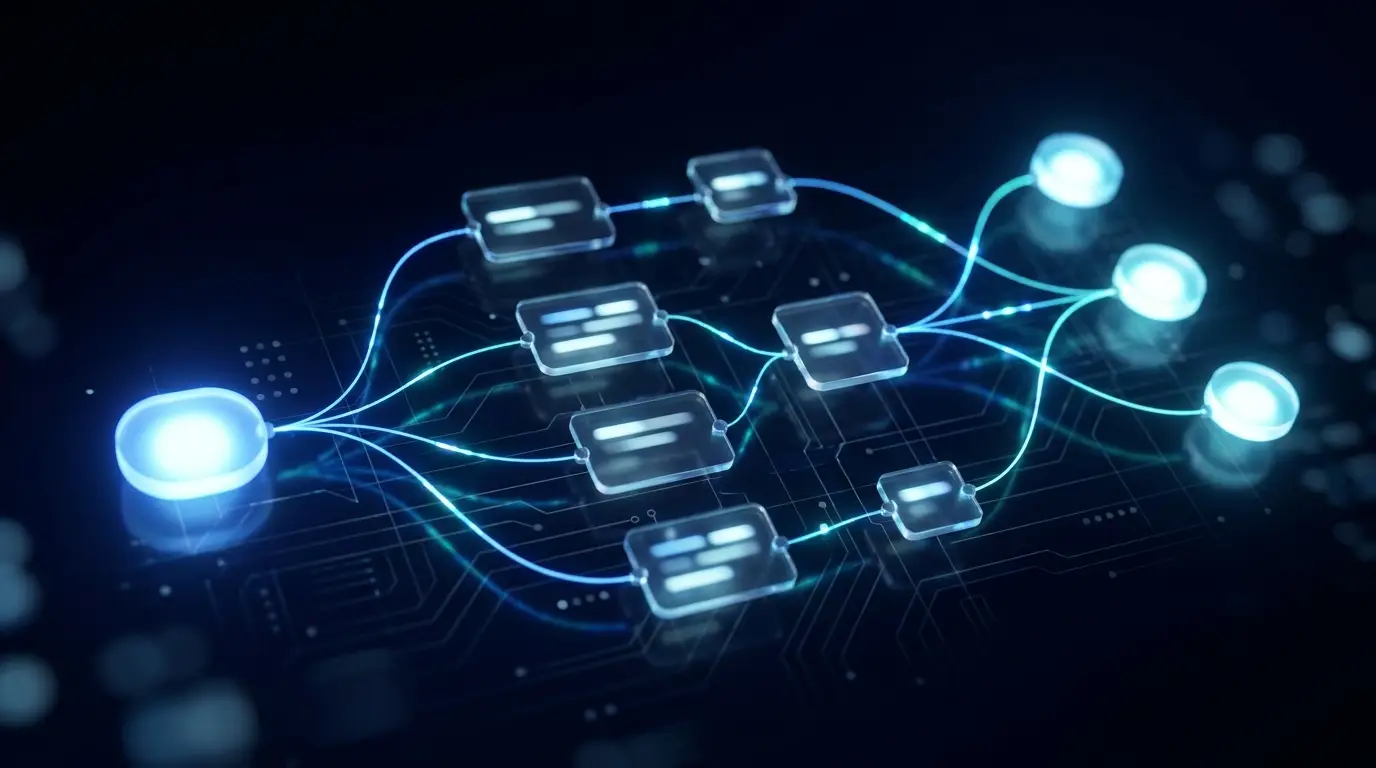 Automation workflow nodes connected by glowing data streams