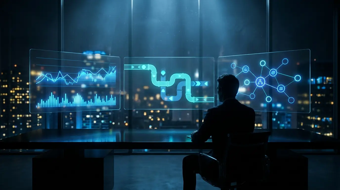 Founder command centre with multiple analytics screens